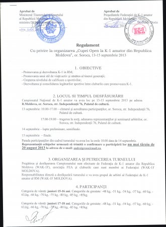 Regulament si cerere de participare la CUPA MOLDOVEI K-1 AMATOR  13-15 septembrie 2013